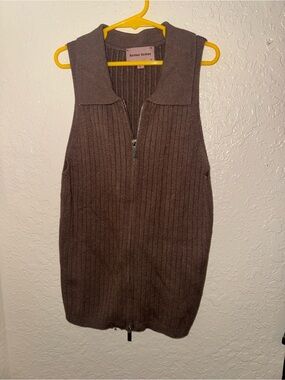 Brown Ribbed Sleeveless Zip Midi Top